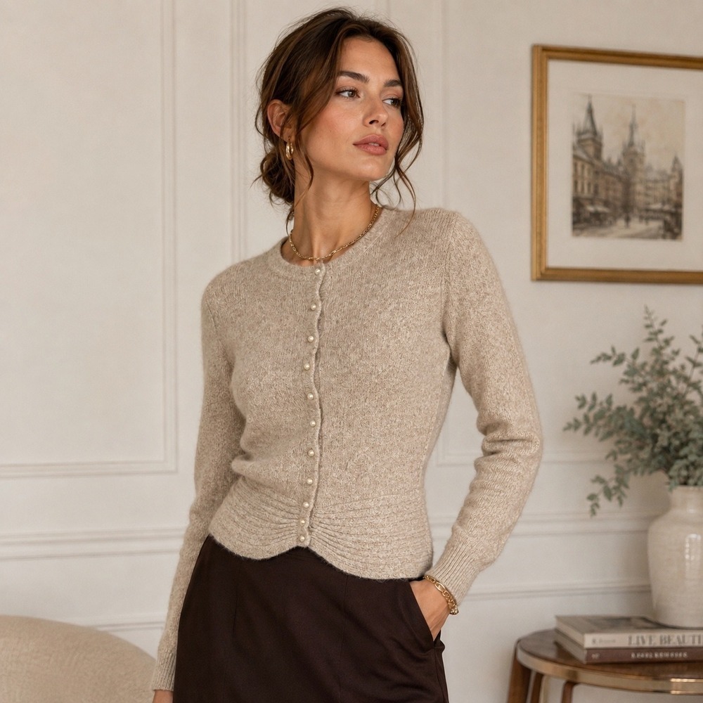 Vtg Raoul Silk Angora Cardigan Pearl Button Peplum Sweater Grandma Chic M